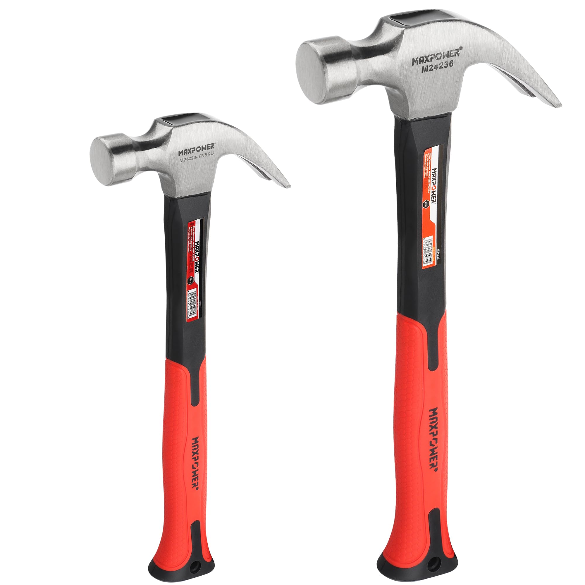 MAXPOWER 8oz and 20oz Claw Hammers, Polished Carbon Steel Head & Fiberglass Handle with Rubber Grip for Homeowners and T